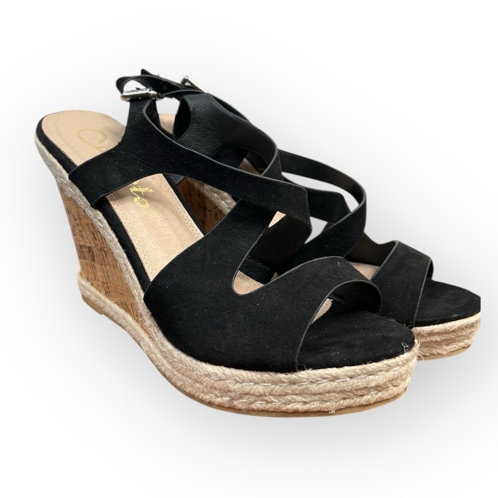 Callisto Women's Brielle Black Suede Platform Cork Wedge Sandals Size 9
